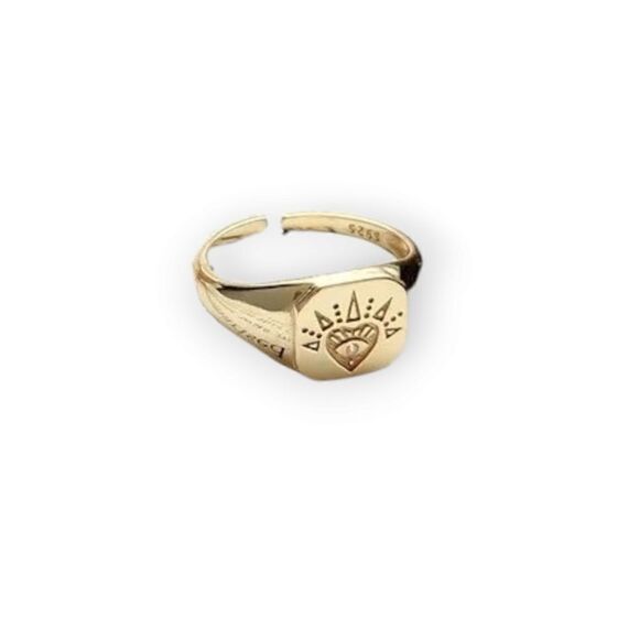 Open Heart Signet 18k Gold Plated Sterling Silver 925 Resizable Ring (Size 4-11) - Picture 1 of 15